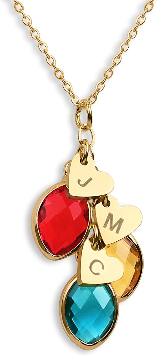 Birthstones & Initials Necklace for Mom, Grandma, Women Up To 7 Birthstones, Multiple Kids, Grandkids, Family Jewelry, Custom Heart Initial Charms 18k Gold Plated Birthday Graduation Mother's Day Gift