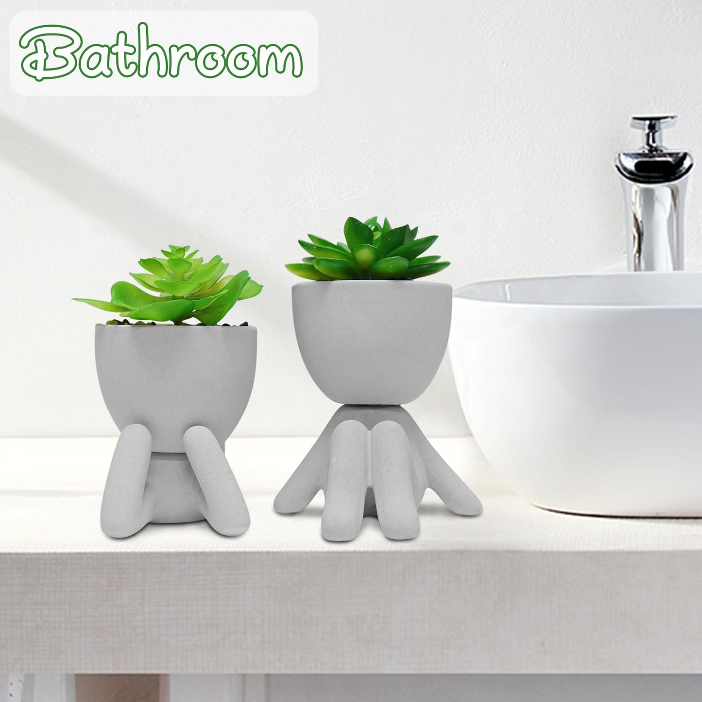 Zerzsy 2PCS Cute Artificial Succulent Plants with Creative Human Shaped Pots, Desk Decoration Artificial Plants Indoor for Home and Office Decor(Cement Gray)