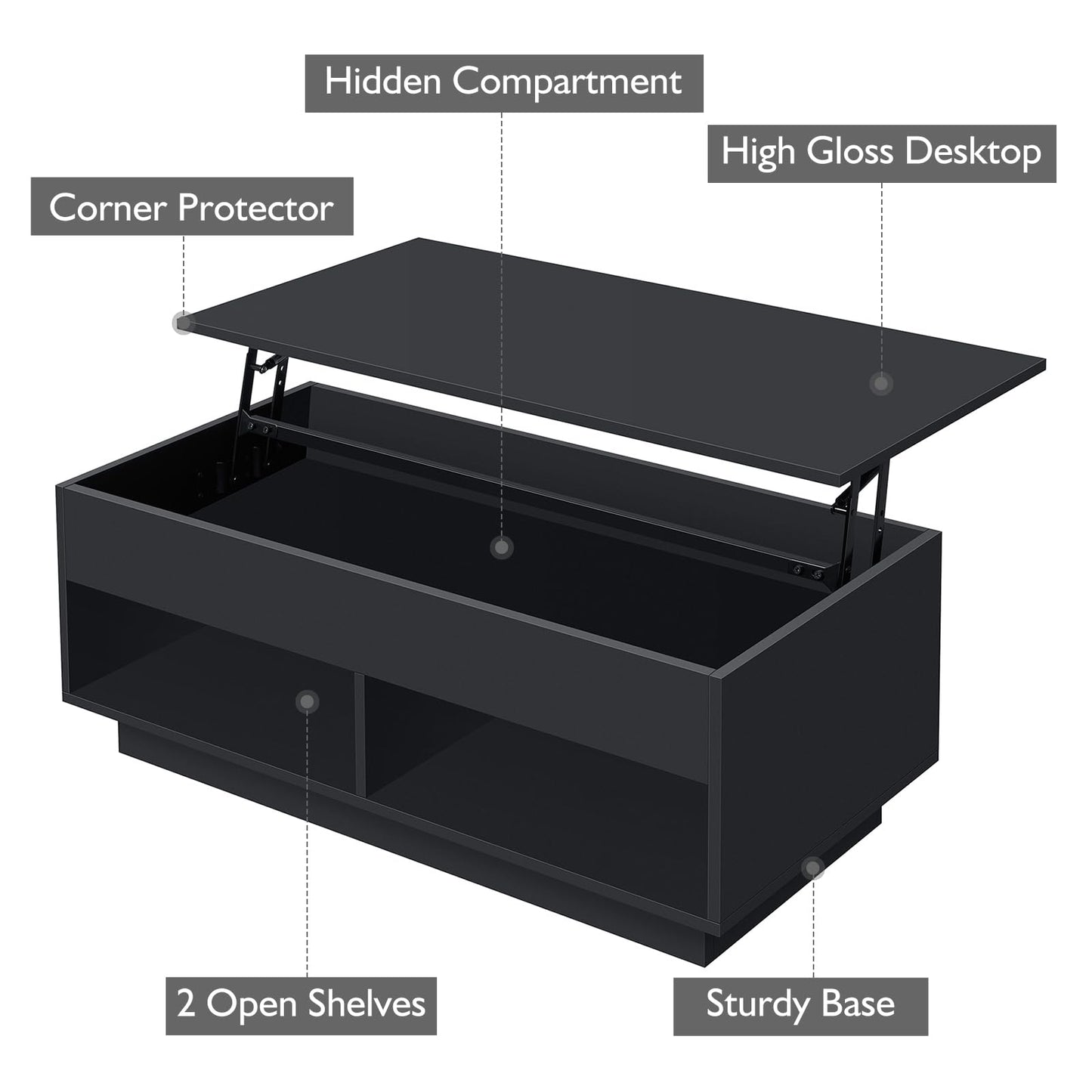 LED Coffee Table Black Lift Top Coffee Table with Storage Modern Tea Table with Hidden Compartment Lift Up Dining Center Table with LED Light for Living Room Home Office