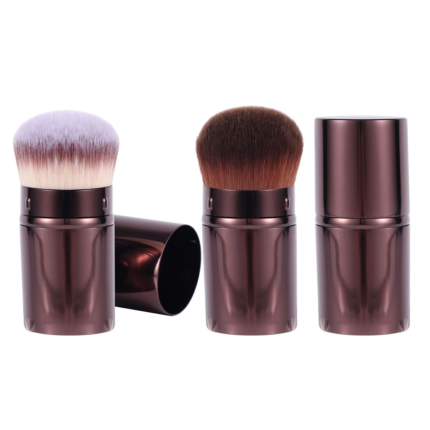 2pcs Travel Face Blush Brushes, Retractable Makeup Brush Portable Foundation Sunscreen Brush for Blending Cosmetics(Coffee + Three-Color Hair)