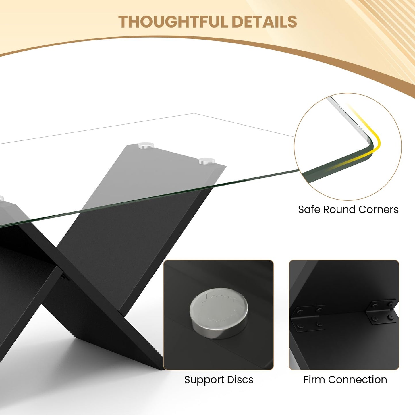 Tangkula Rectangle Glass Coffee Table, 47” Modern Center Table with Tempered Glass Tabletop & Geometric Rubber Wood Frame, Versatile Accent Table for Living Room (Black)