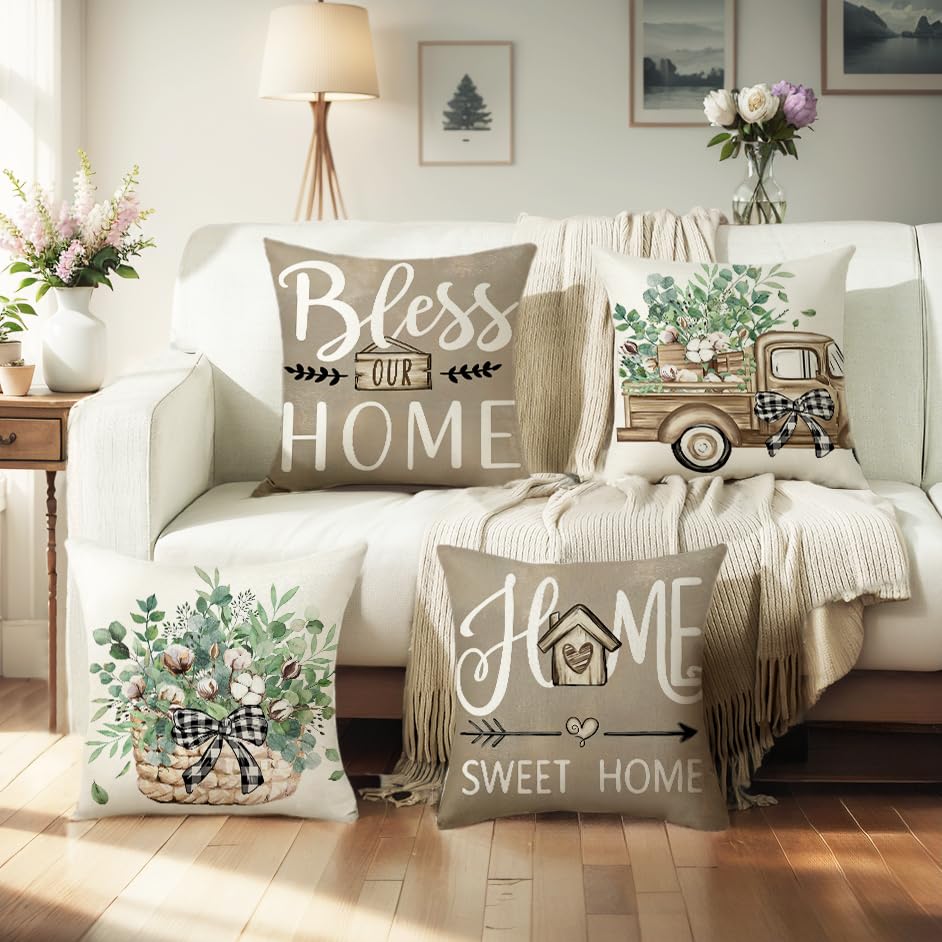 wyooxoo Throw Pillow Covers 18x18 Set of 4 Farmhouse Pillow Covers Home Sweet Home Cushion Cases for Sofa Couch Living Room Outdoor Home Decor