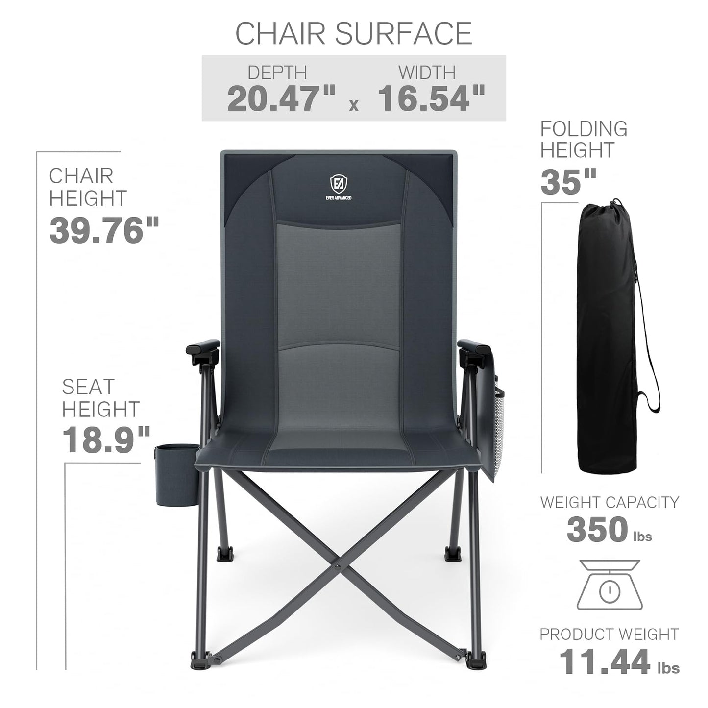 EVER ADVANCED Reclining Camping Chairs for Adult Lightweight, Portable Compact Folding Chair with Adjustable Back,4-Level Recliner Chairs, Lawn Chair for Patio Balcony, Supports 350lbs, Grey