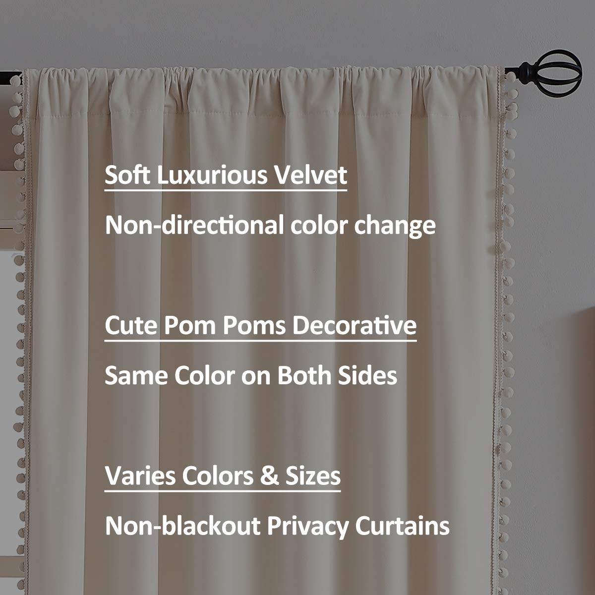 Pom-Pom Cream Velvet Curtains for Living Room 63inch Length Luxury Heavy Ivory Window Drapery for Bedroom Kids Children Room Rod Pocket 42" w x 2Panels