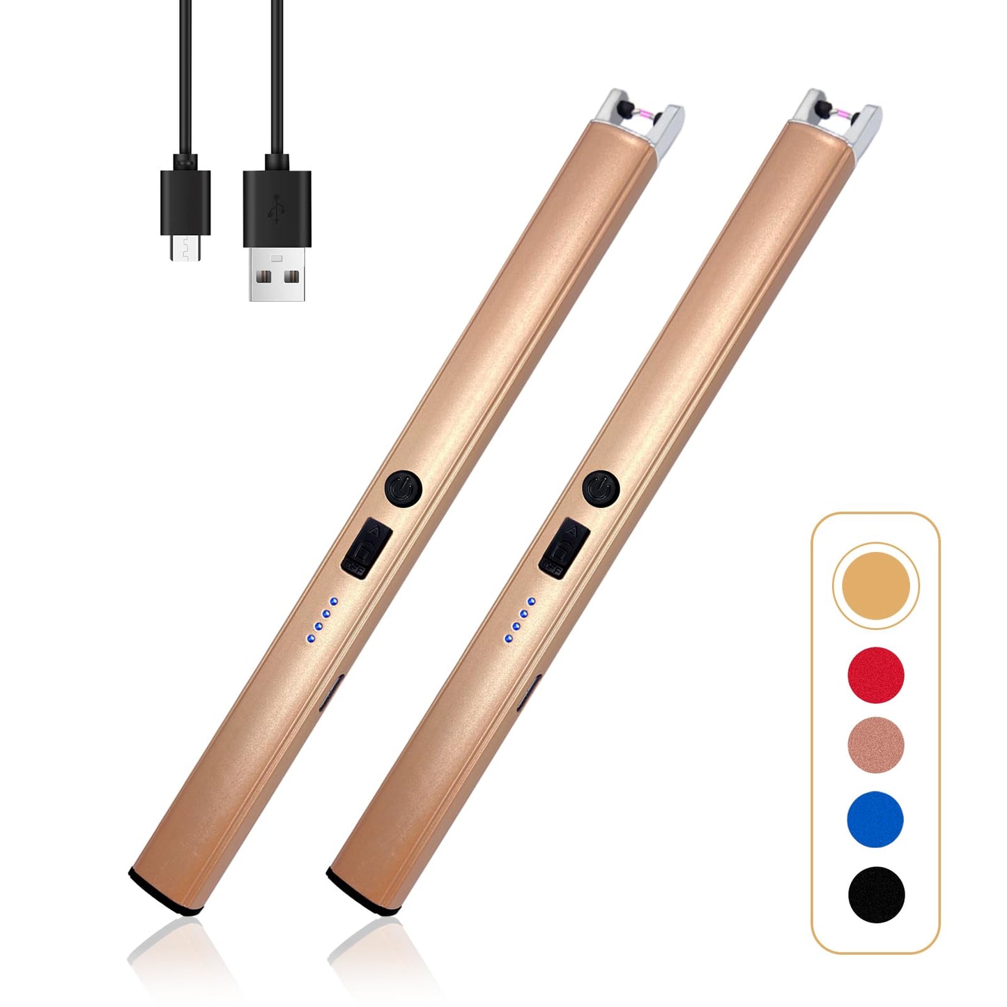 2 PCS Candle Lighter,Windproof Flameless Electric Lighter with LED Power Display ＆ Safety Switch, Upgraded Plasma USB Rechargeable Lighters for Birthday Camping BBQ (Champagne Gold)