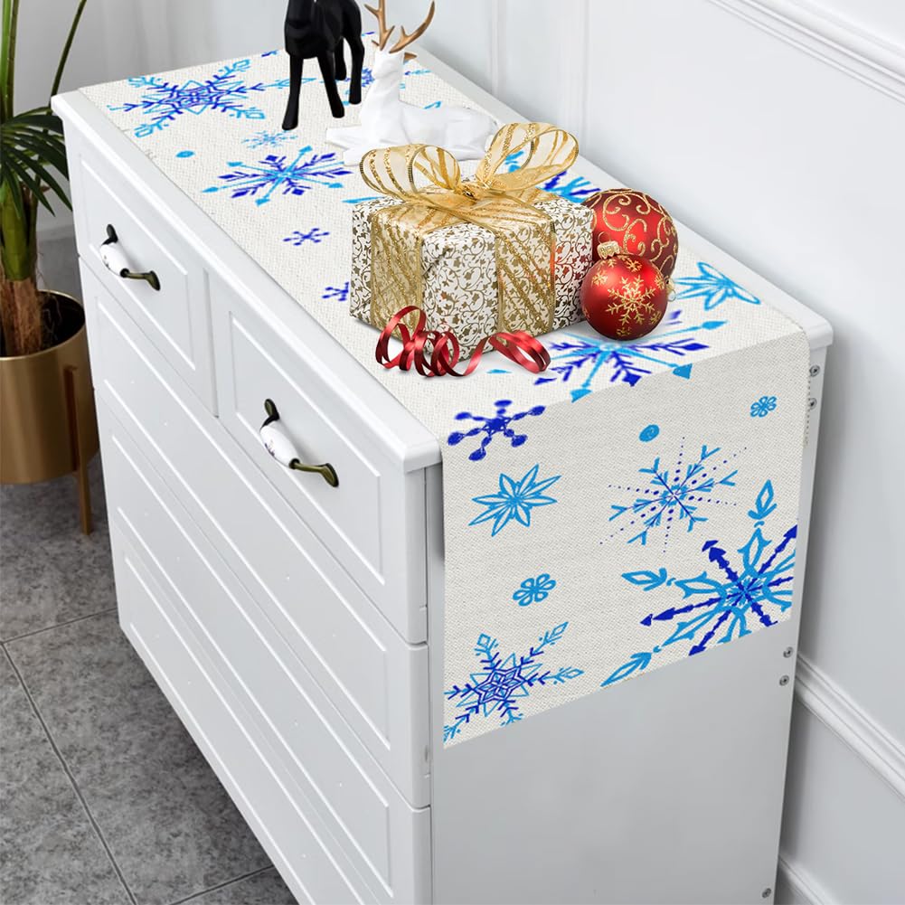 Labeol Snowflake Table Runner, 72x13 Inch White and Blue Christmas Table Runner for Christmas Party Kitchen Dinner Decor (Blue)