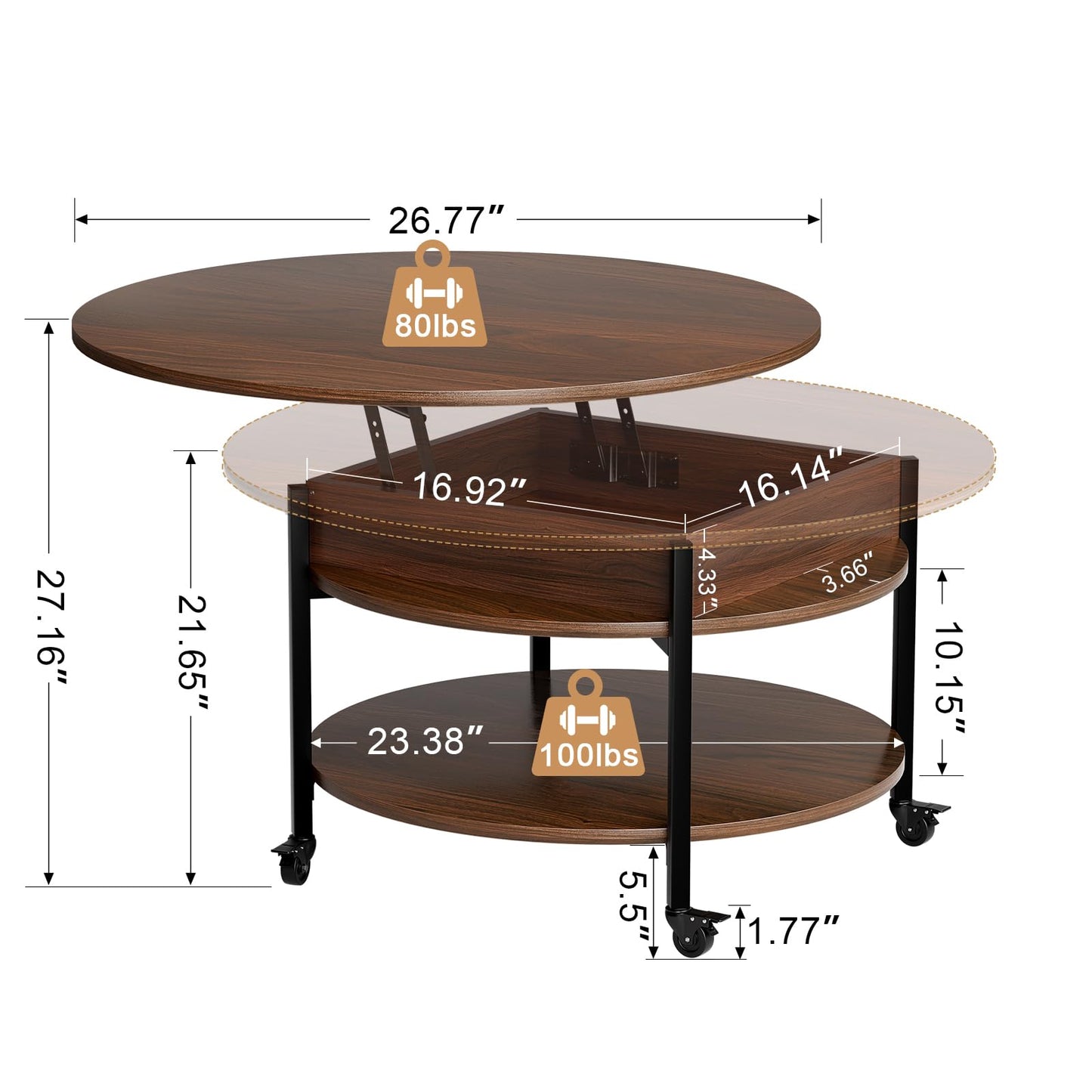FABATO Round Lift Top Coffee Table With Wheels, 26.77'' Rolling Center Table With Storage and Compartment for Living Room, 2 Tier Small Circle Dining Table, Espresso