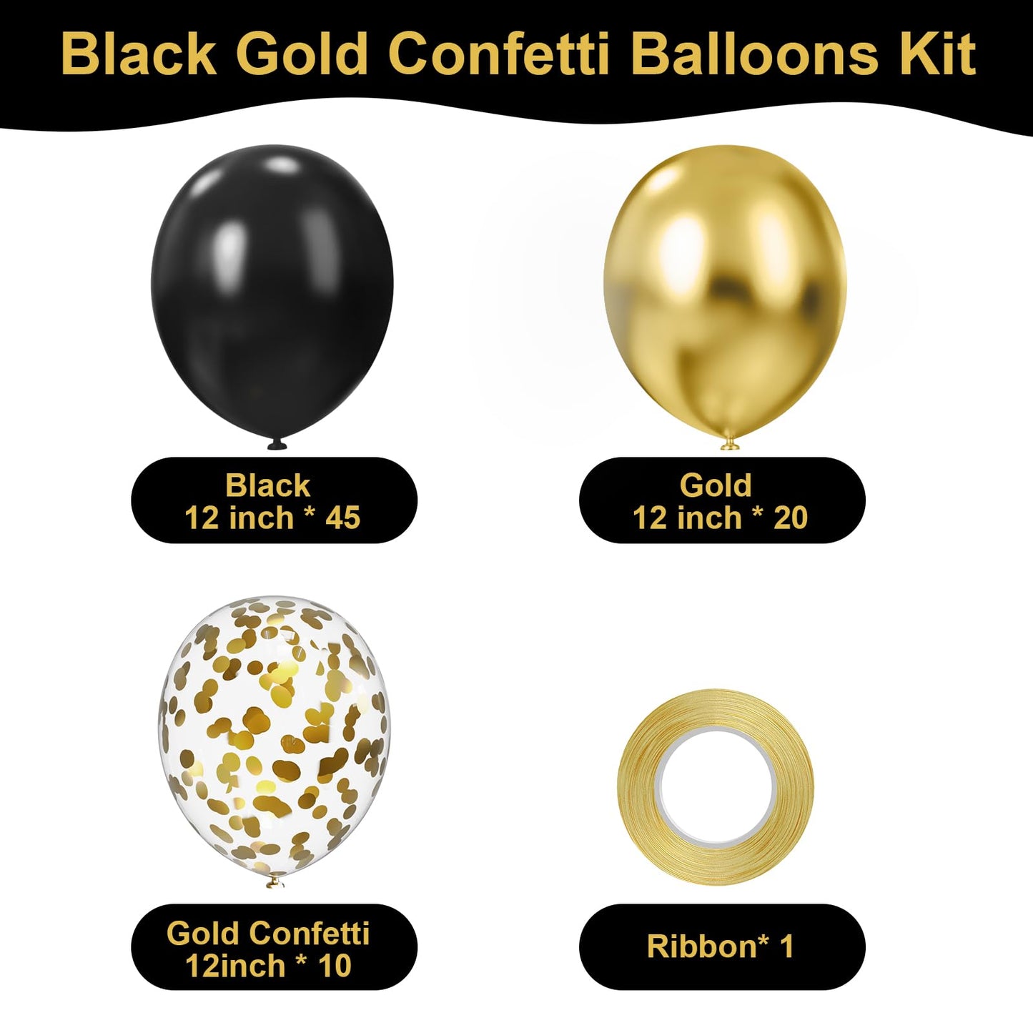 75pcs Black and Gold Balloons, 12 Inch Black and Gold Confetti Balloons Gold Latex Balloons for Birthday, New Year,Wedding,Graduation Party Baby Shower Decorations