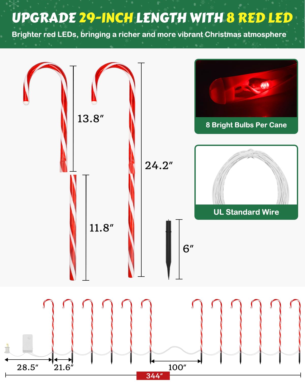 Luditek 24" Christmas Candy Cane Lights Outdoor Pathway - 8 Blinking Modes - Set of 12 Christmas Outdoor Outside Decorations Lights Indoor Holiday Xmas Yard Patio Walkway Garden Decor