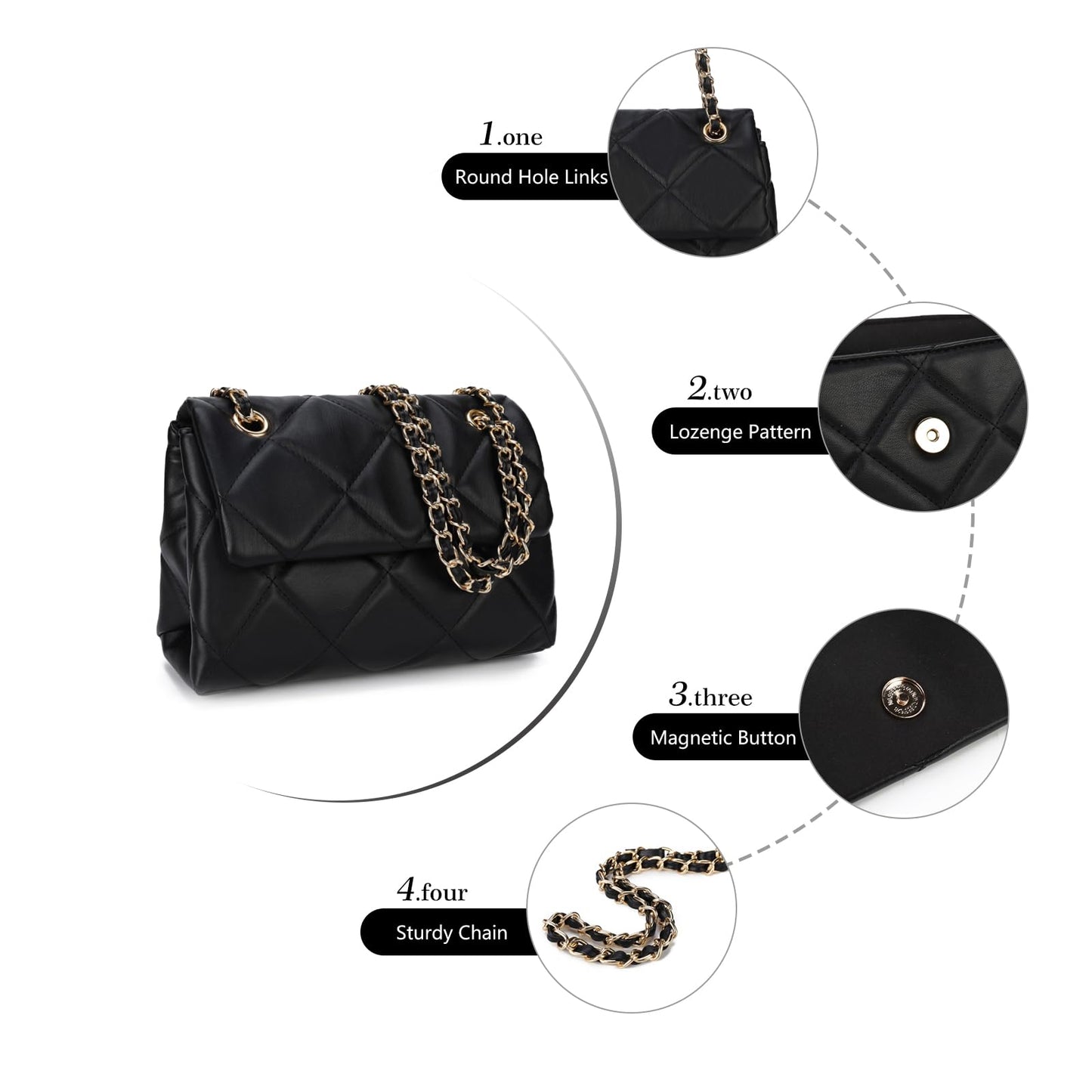 Gladdon Quilted Crossbody Purses for Women Small Ladies Shoulder Bags with Chain Trendy Clutch Purse Cute Designer Bag Black