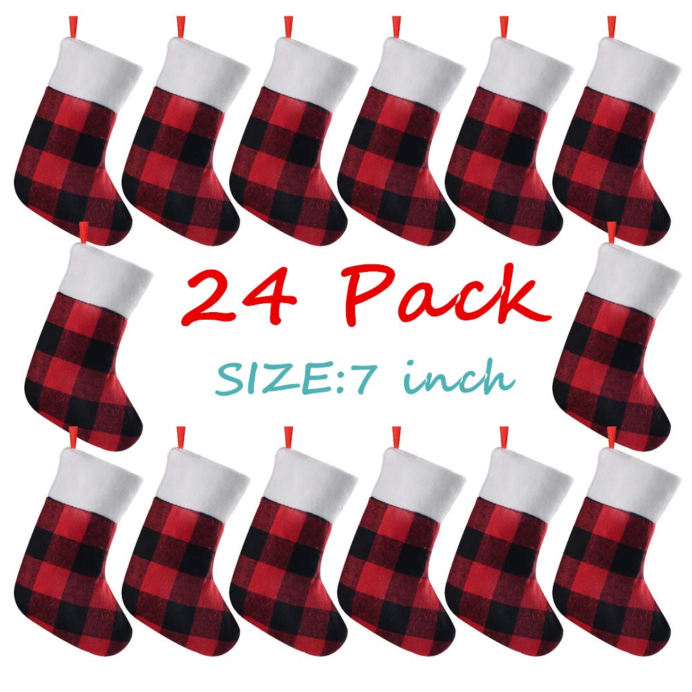QBSM 24 Pack Mini Christmas Stockings, 7 inches Buffalo Plaid with Plush Cuff Small Stockings, Xmas Classic Black Red Plaid Stockings Decorations for Whole Family