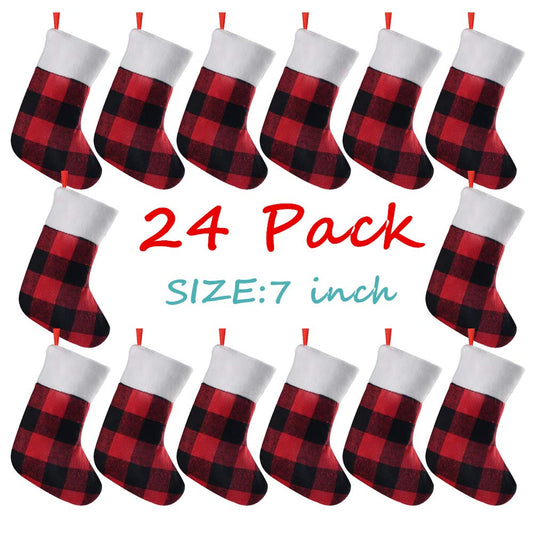 QBSM 24 Pack Mini Christmas Stockings, 7 inches Buffalo Plaid with Plush Cuff Small Stockings, Xmas Classic Black Red Plaid Stockings Decorations for Whole Family