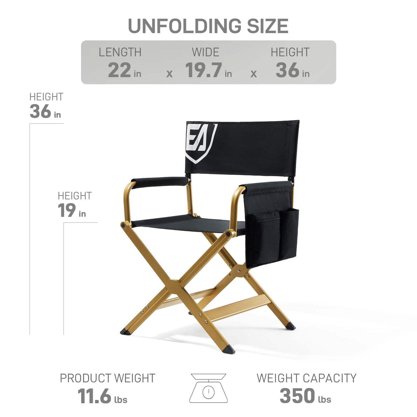 EVER ADVANCED Aluminum Directors Chair, Folding Studio Movie Chairs Camping Event Vendor Chair, 19" Seat Height Black Fabric/Golden Frame, Support 350lbs