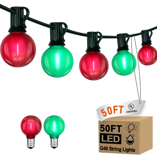 G40 LED Outdoor Christmas String Lights 50FT Hanging Globe String Light with 27 LED Shatterproof Frosted Red Green Lights(2 Spare), Waterproof Patio String Lights for Balcony Backyard Pergola Decor