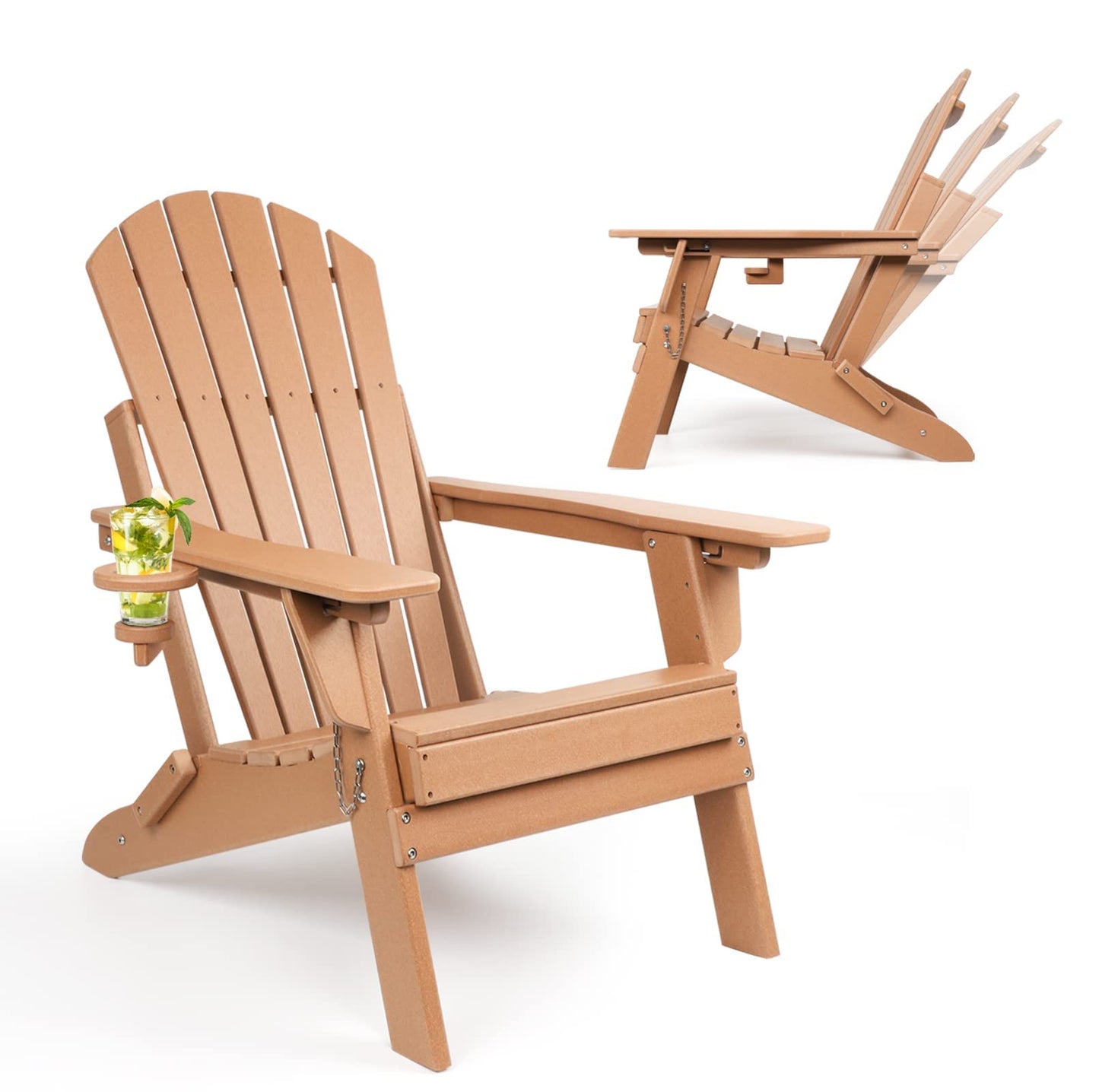 FUNBERRY Folding Adirondack Chair with Adjustable Backrest, HDPE All Weather Fire Pit Chairs with Cup Holder
