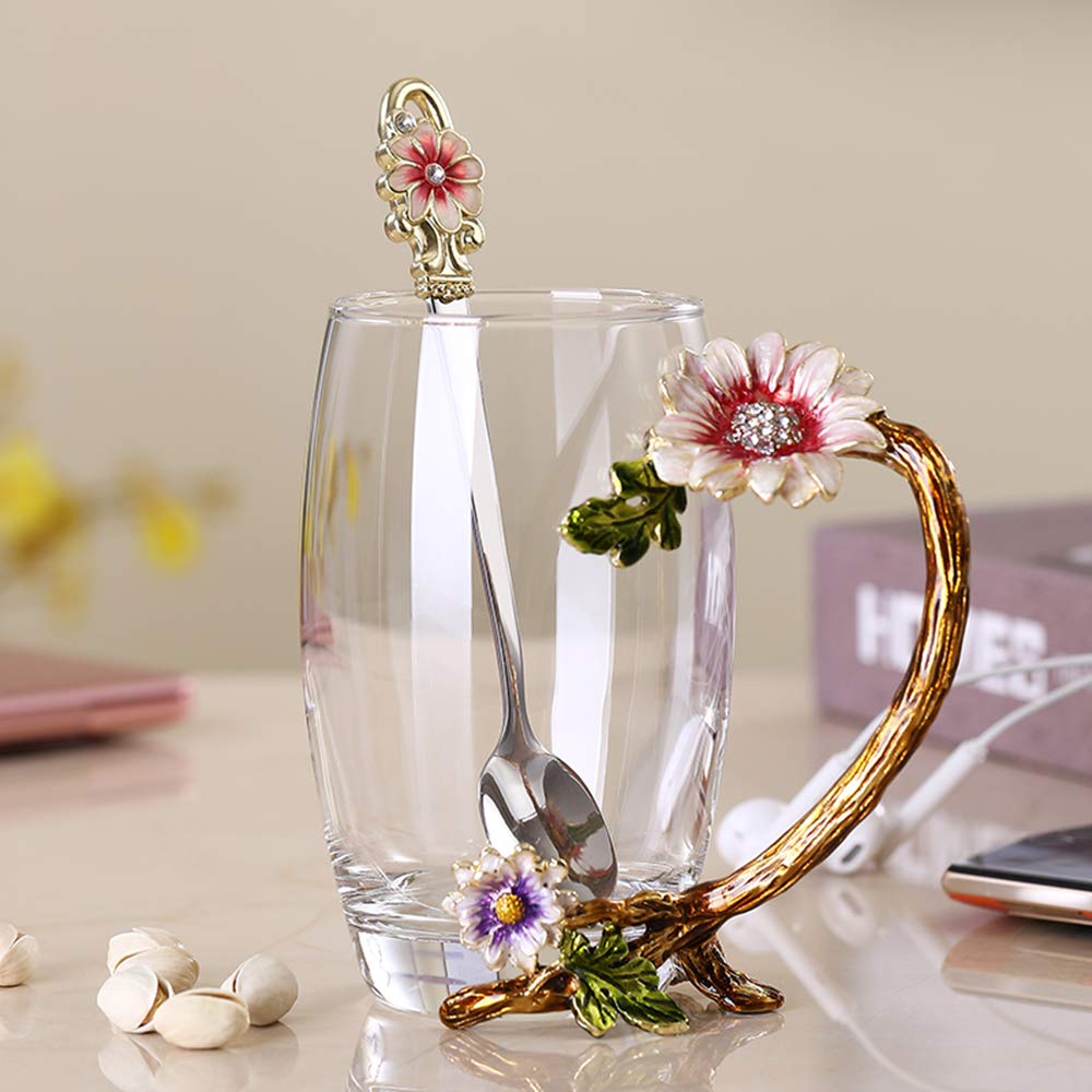 Enamel Sunflower Crystal Lead-Free Glass Tea Cup with Spoon Set, Present for The Christmas, Valentine's Day.Best Present for Mother, Grandma, Girlfriend, Sister.