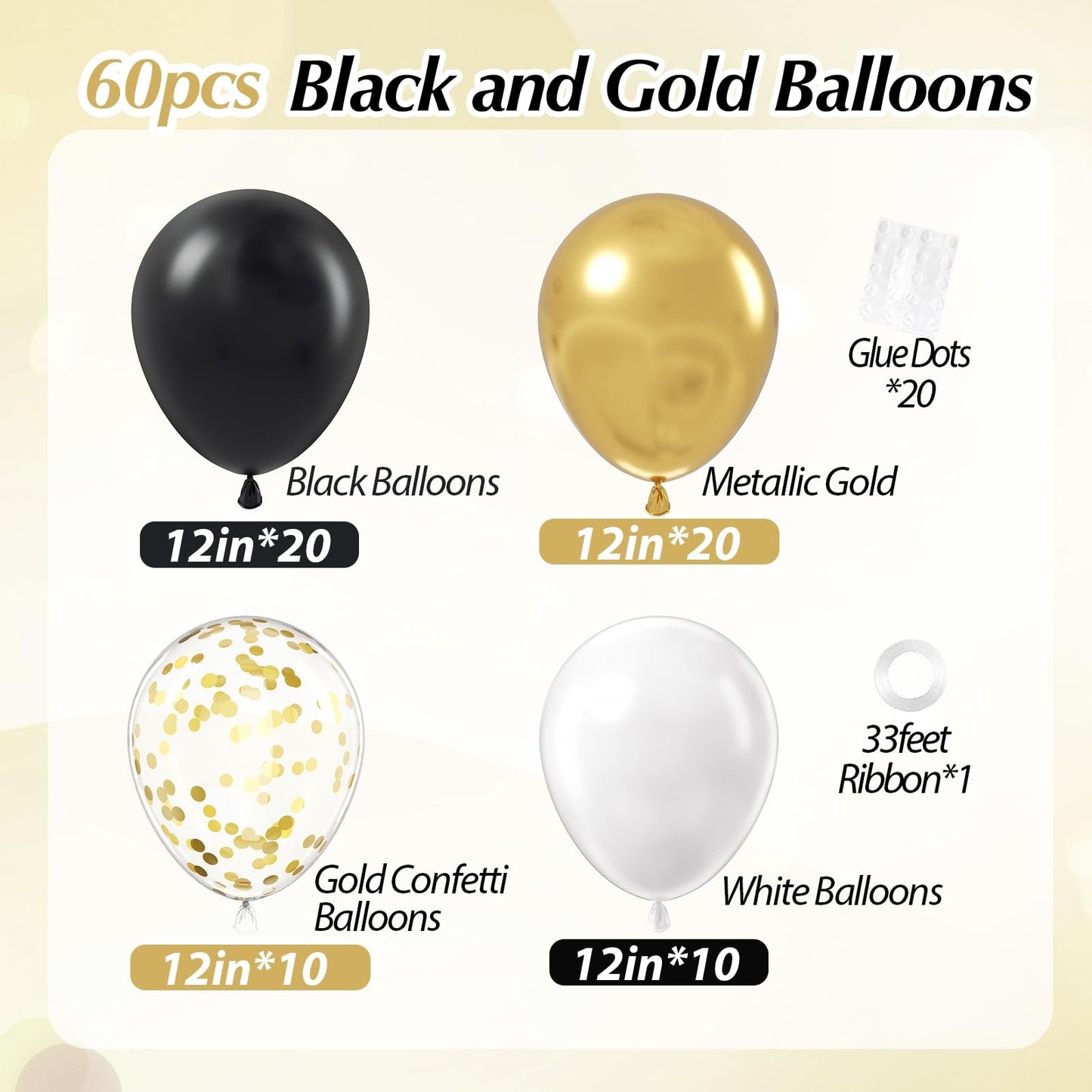 Black White and Gold balloons, 60pcs 12inch Black White Metallic Gold Confetti Balloons for Graduation 2025 Anniversary Birthday Party Decorations