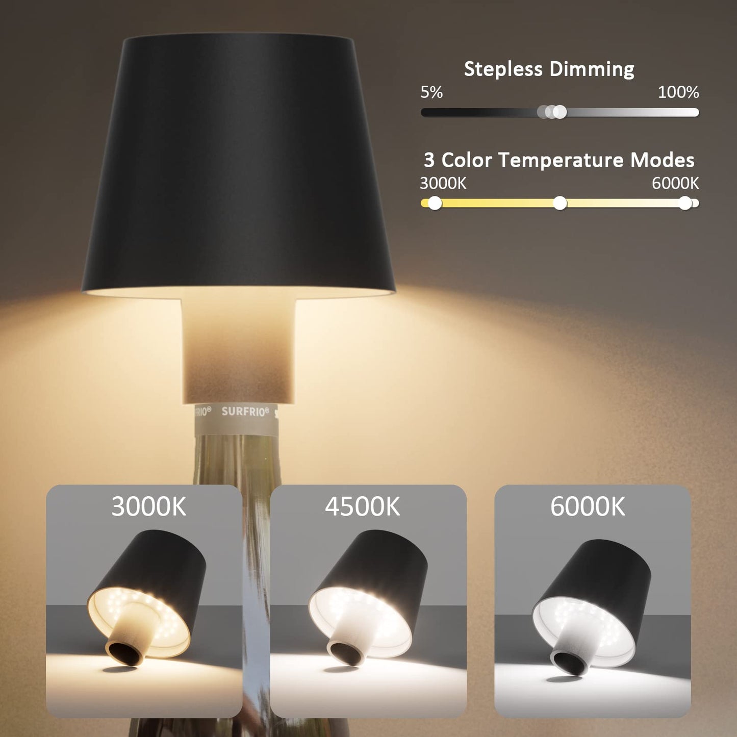 Coinmit LED Bottle Lamp 5500 mAh Battery Portable Table Lamp Waterproof Cordless Night Light for Outdoor Restaurant Bedroom Black