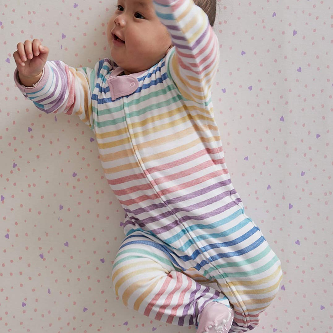 HonestBaby Baby Girls Play Footed Pajamas One-piece Jumpsuit Zip-front Pjs 100% Organic Cotton For And Toddler Sleepers, Rainbow Stripe, 3-6 Months US