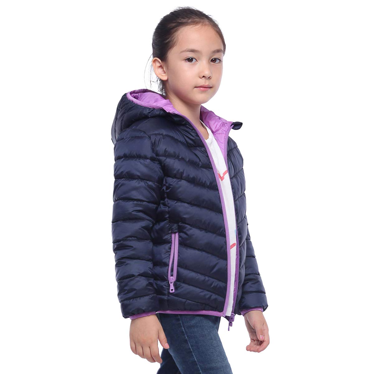 Rokka&Rolla Girls' Reversible Lightweight Puffer Jacket Hooded Water-Resistant Winter Coat