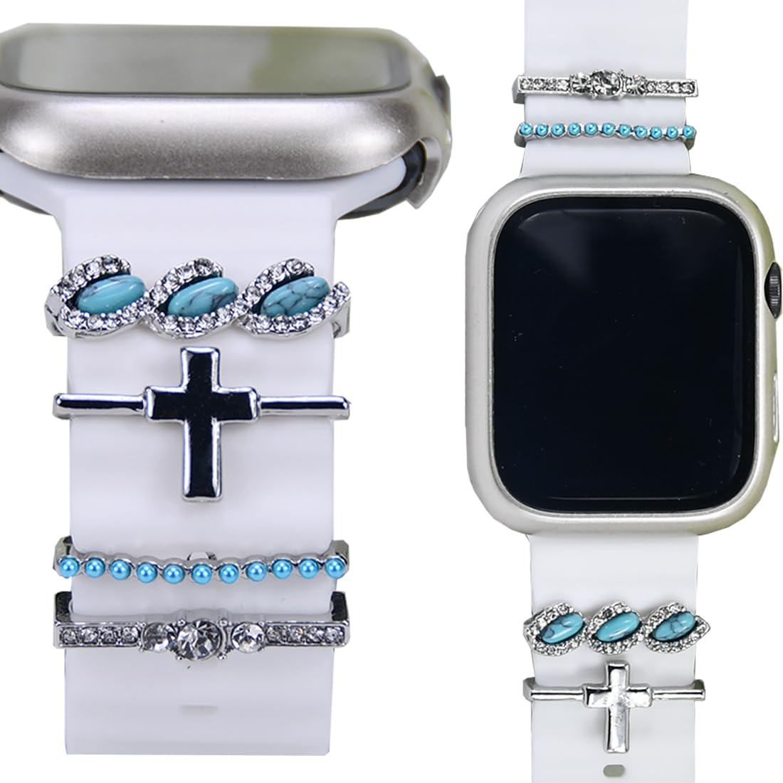 SUNOREEK Silver Cross Watch Band Charms for Apple Women - iwatch bands charms, western Turquoise Decorative Rings Loops for Apple Watch Silicone leather Bands 49mm 45mm 44mm 42mm 41mm 40mm 38mm ultra ,christmas holiday Metal Diamond Slide Strap Smart Watc