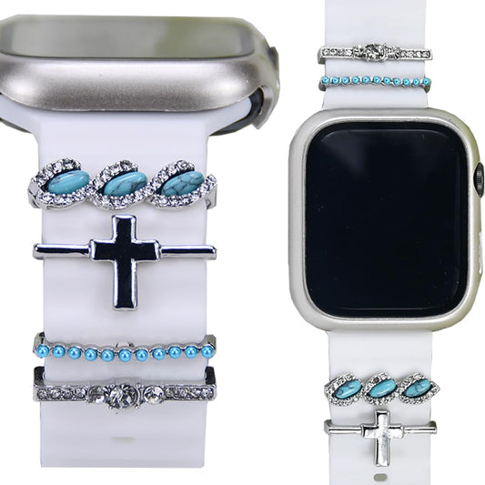 SUNOREEK Silver Cross Watch Band Charms for Apple Women - iwatch bands charms, western Turquoise Decorative Rings Loops for Apple Watch Silicone leather Bands 49mm 45mm 44mm 42mm 41mm 40mm 38mm ultra ,christmas holiday Metal Diamond Slide Strap Smart Watc