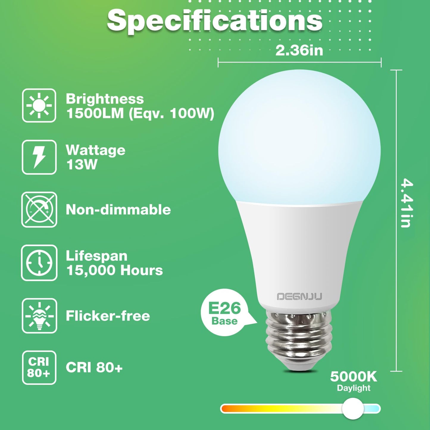 DEGNJU LED Light Bulbs, 100 Watt Equivalent LED Bulbs A19, 5000K Daylight Light Bulb, 1500 Lumens, E26 Standard Base, Non-Dimmable, 13W Bright White LED Bulbs for Bedroom Home Office, 12 Pack