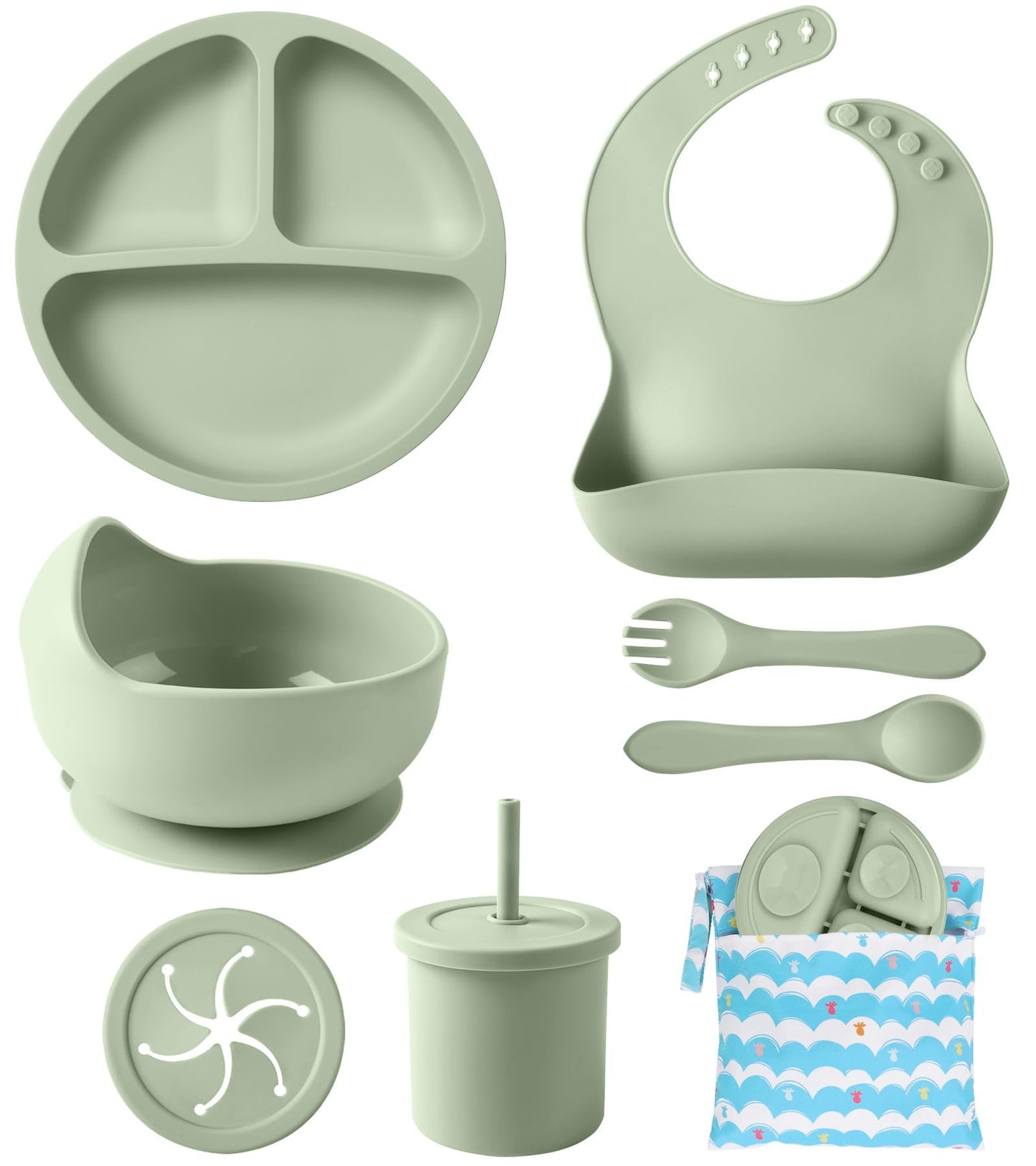 Silicone Baby Feeding Set, 10 Pcs Baby Led Weaning Supplies with Suction Bowl Divided Plate Adjustable Bib Soft Spoon Fork Snack Cup with Lid Drinking Cup, Utensil (Dark Green)