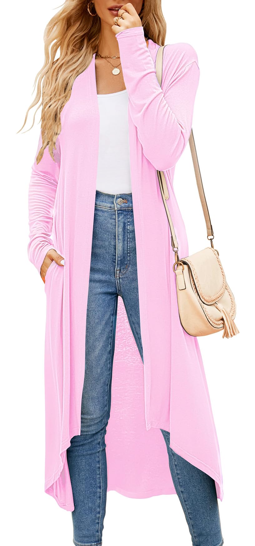 Newchoice Womens Cardigans Lightweight Pink Cotton Going Out Long Sleeve Long Cardigan for Y2k(Pink,XXL)