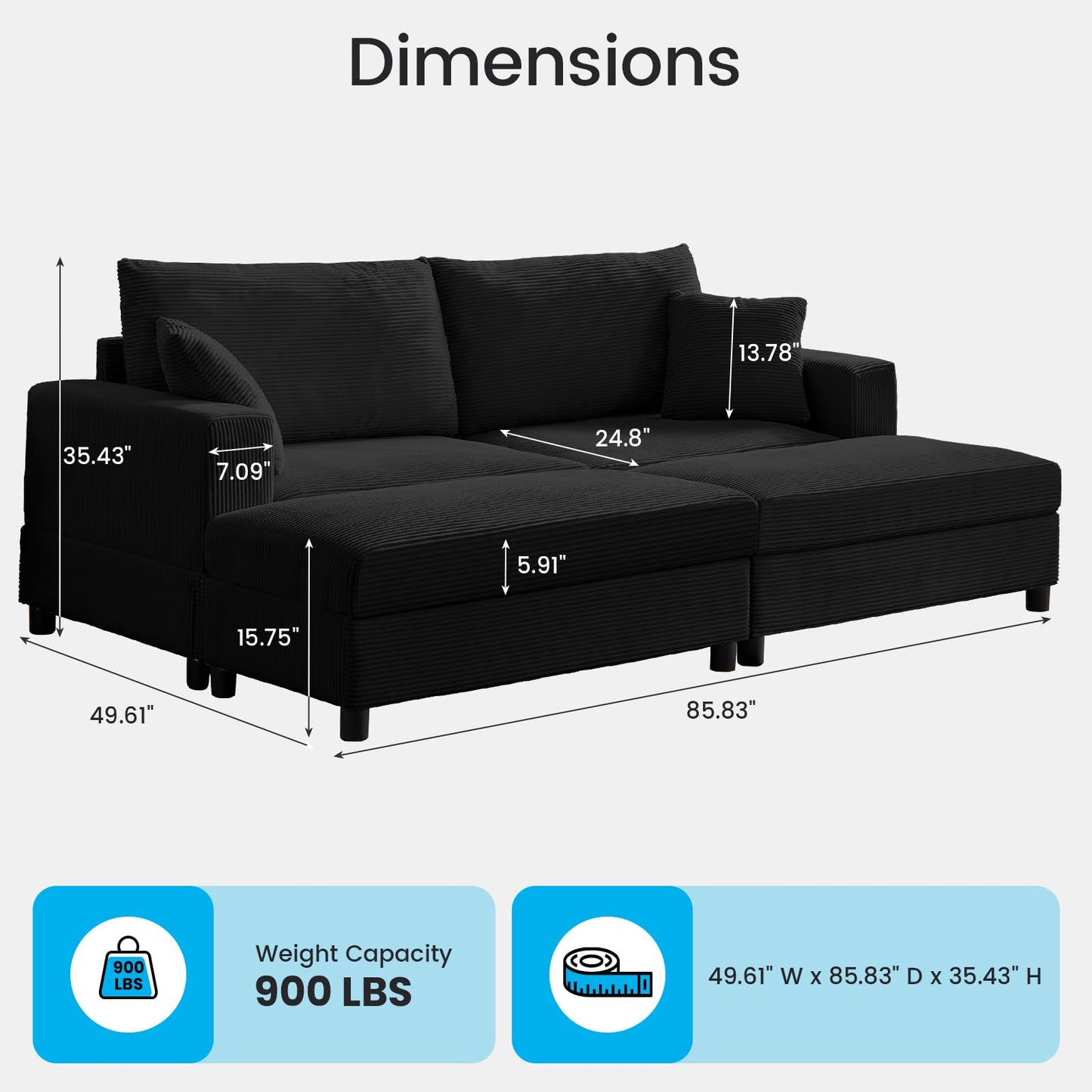 Mjkone Chaise Lounge Chair Indoor, 86 "W Oversized Double Sleeper Sofa with 2 Ottomans, Extra-Large Corduroy Upholstered Modular Sectional Couch Deep Seat for Reading, Living Room, Office, Black