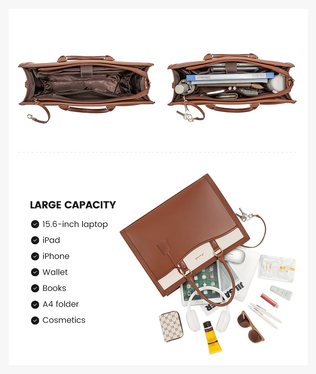 LOVEVOOK Laptop Tote Bag for Women, Leather Office Work Bag Briefcase fit for 15.6 inch Laptop, Large Teacher Computer Bag Handbag,2pcs Set Leather/Brown-White