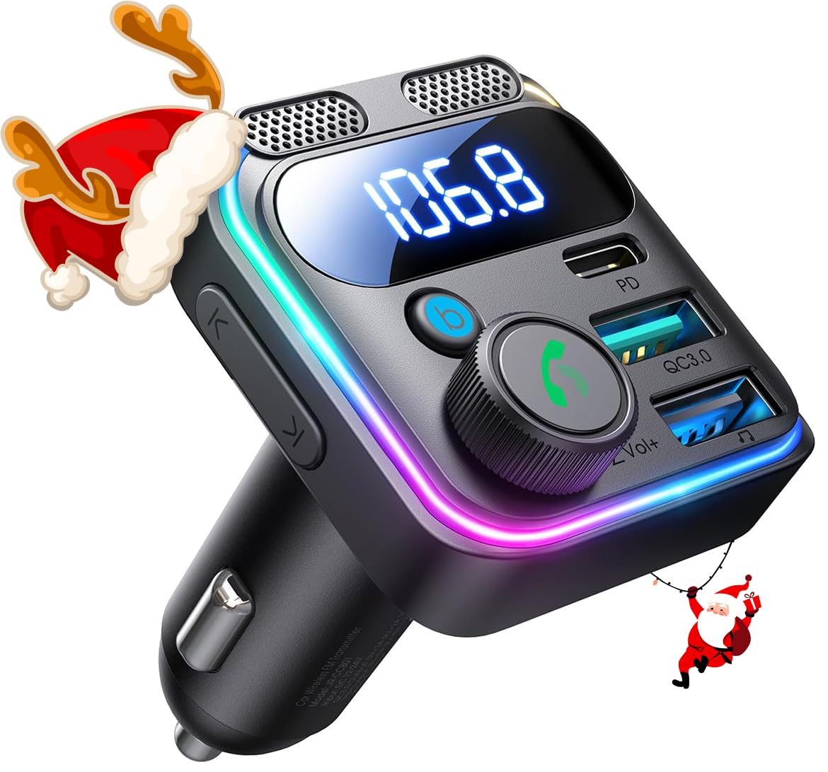 JOYROOM 81W Bluetooth 5.4 FM Transmitter Car Adapter PD & QC 3.0 USB C Car Charger Cigarette Lighter Adapter Hands-Free Calling Radio Support USB Drive [Stronger Dual Mics & HiFi Deep Bass Sound]