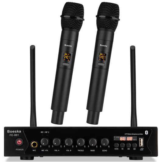Wireless Microphone System, UHF Dual Cordless Handheld Microphones Set for Home Karaoke, Singing, Speech, Party, Meeting, Church, 262ft Range, Black