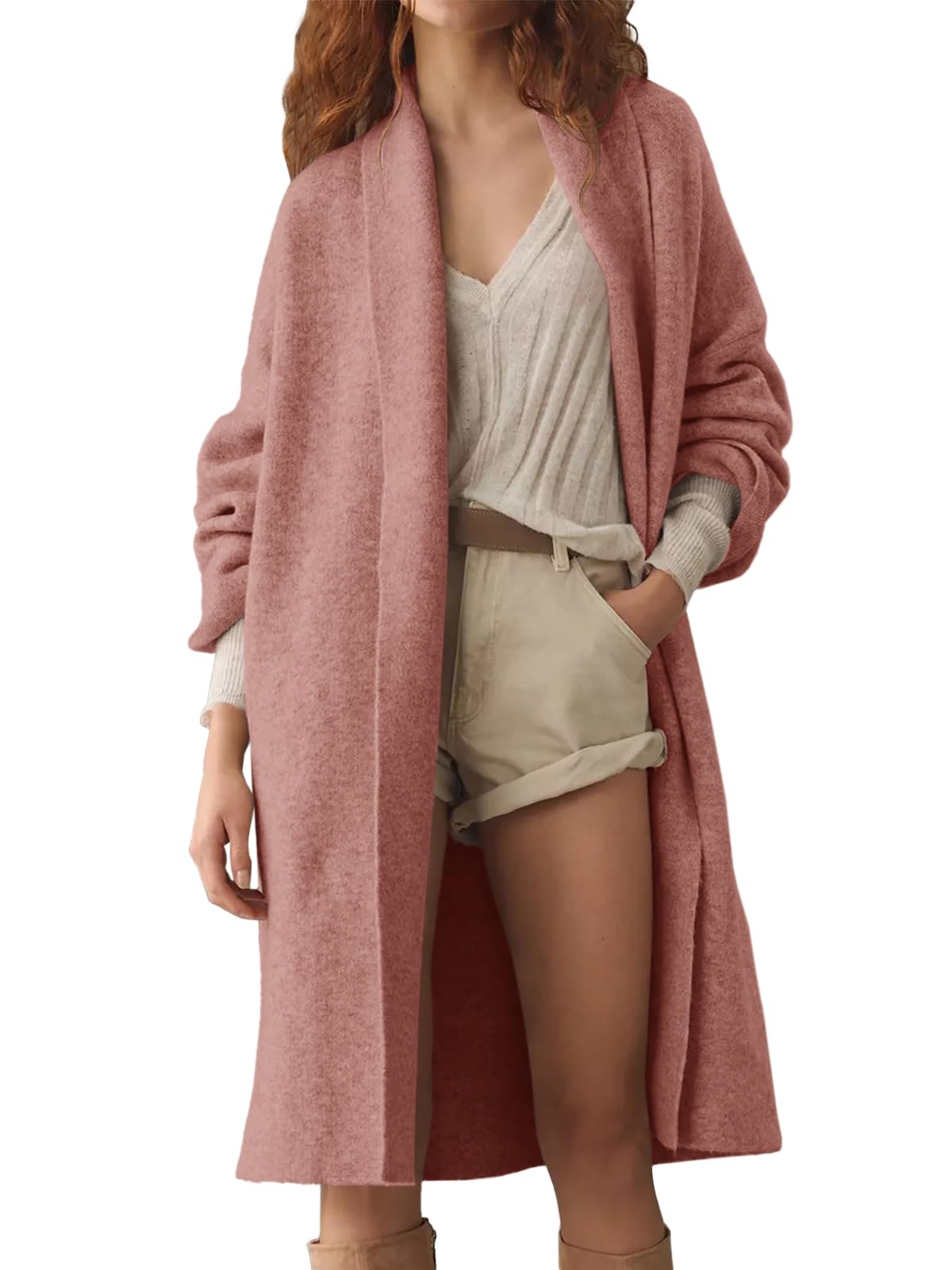Saodimallsu Womens Long Cardigan Sweaters Chunky Open Front Oversized Slouchy Knit Fall Trendy Coatigan Jackets Pink