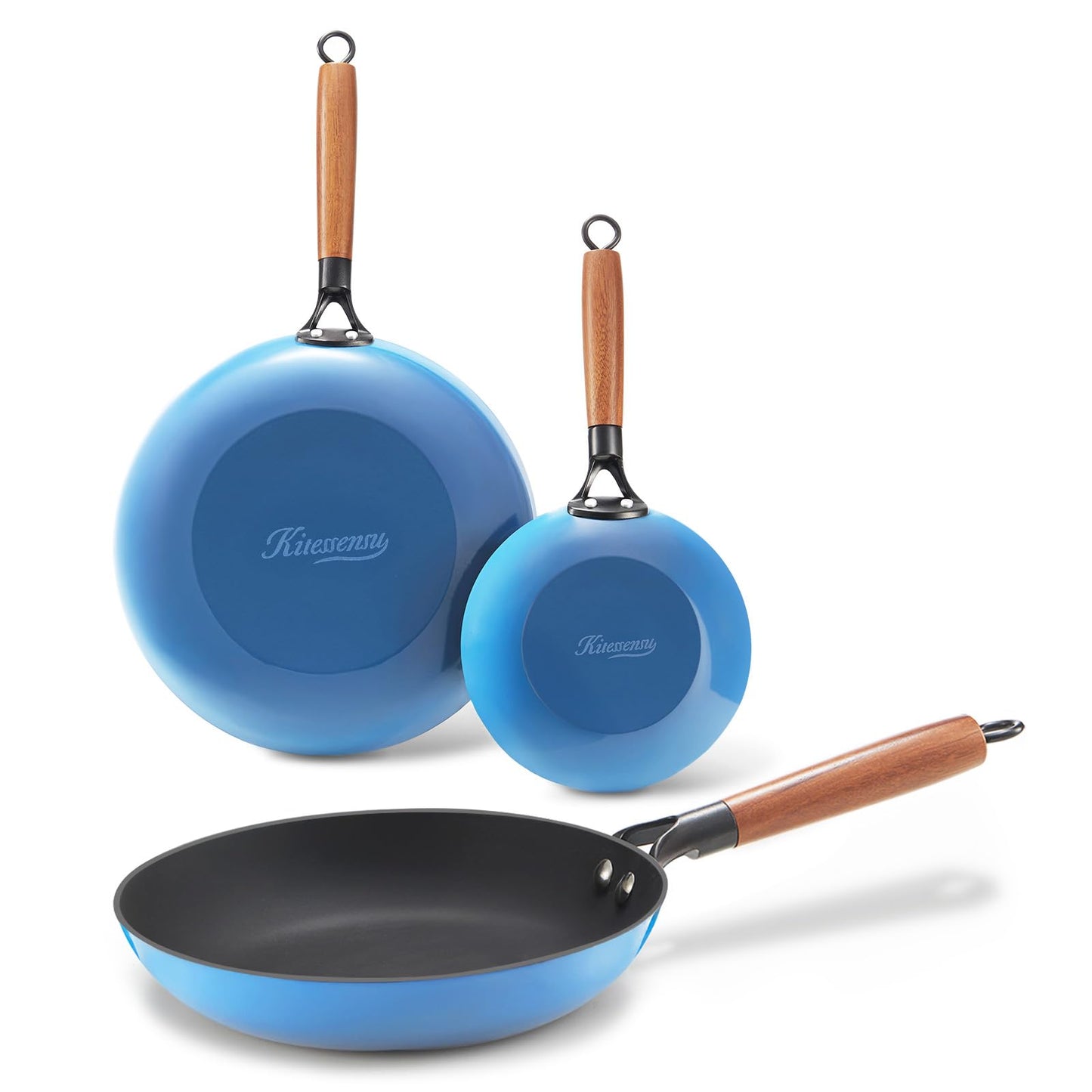 KITESSENSU Enameled Cast Iron Skillets - Non Stick Frying Pans Set with Durable Wooden Handle - 8&10&12 In Titanium Cast Iron Pans for Multi-Cooking - Pre Seasoned Cookware Set - Gradual Cobalt Blue