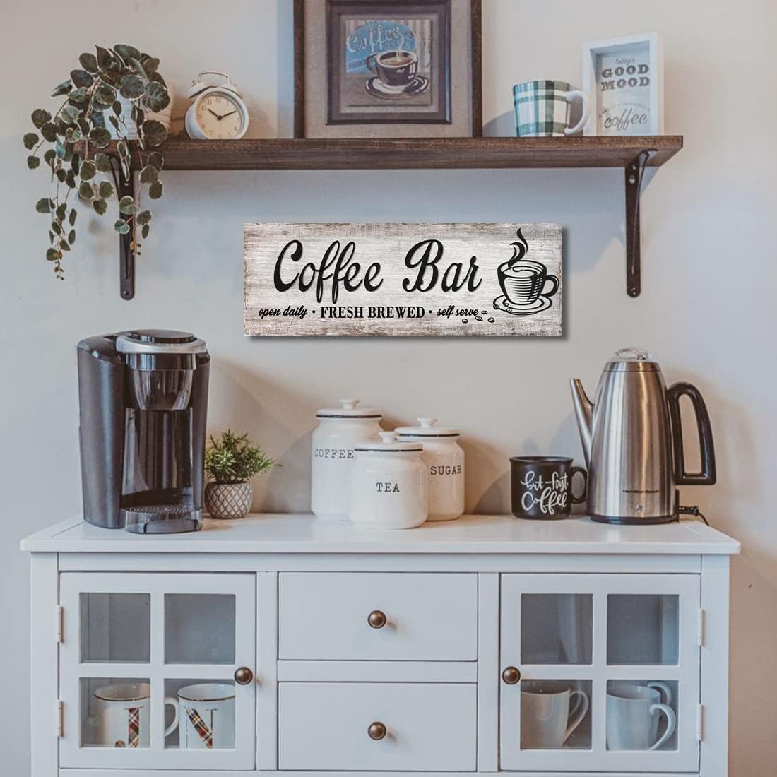 Rustic Wood Grain Coffee Station Decor - Retro Coffee Bar Signs for Kitchen - Self Serve Fresh Brewed Open Daily