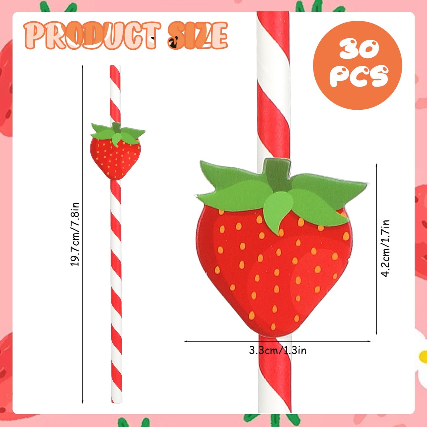 Strawberry Straws, 30 Pack Disposable Drinking Straws Cute Paper Straws with Stripes for Juice, Cocktail, Milkshake, Baby Shower Strawberry Birthday Decorations Strawberry Party Favors - 7.76 Inches
