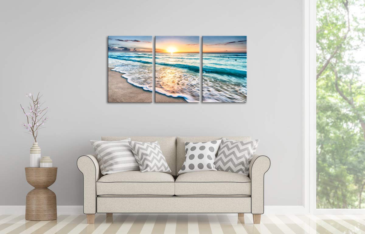Wieco Art 3 Panels Blue Beach Sunrise White Wave Pictures on Canvas Wall Art Modern Stretched Seascape Canvas Prints Seaview Artwork for Home Office Decorations