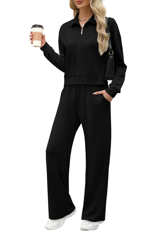 XIEERDUO Lounge Sets for Women 2025 2 Piece Beach Vacation Clothes Winter Essentials Luxury Women Fashion Zip-Up Sweatshirt Sweatsuits Fall Black Sweatpants Tracksuit XL