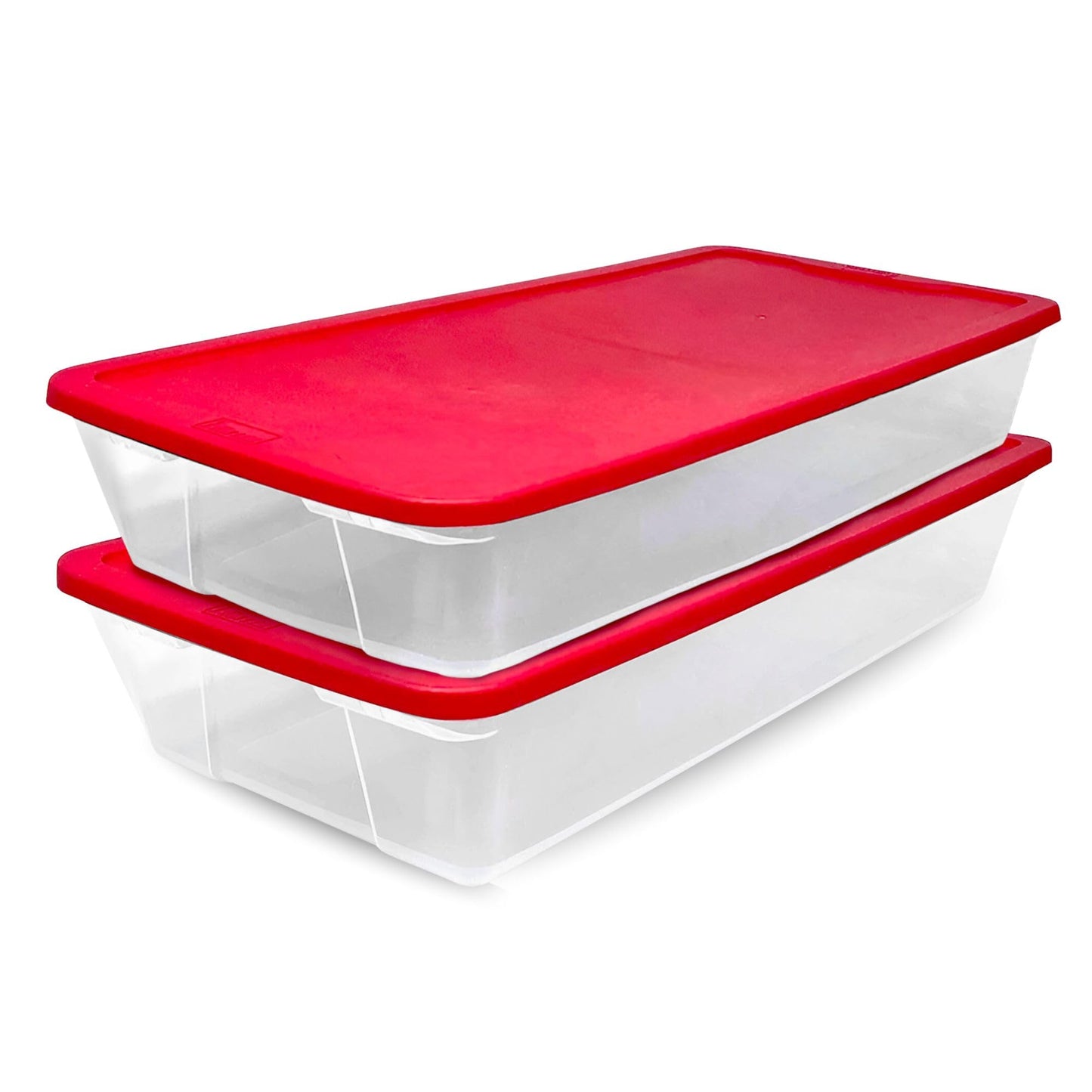 HOMZ 2-Pack Holiday Tote, Clear Plastic Storage Organizer Bins with Lids, 41 Quart, Red - Stackable Organizing Containers for Christmas Ornament Decorations, Gift Wraps, and Crafts