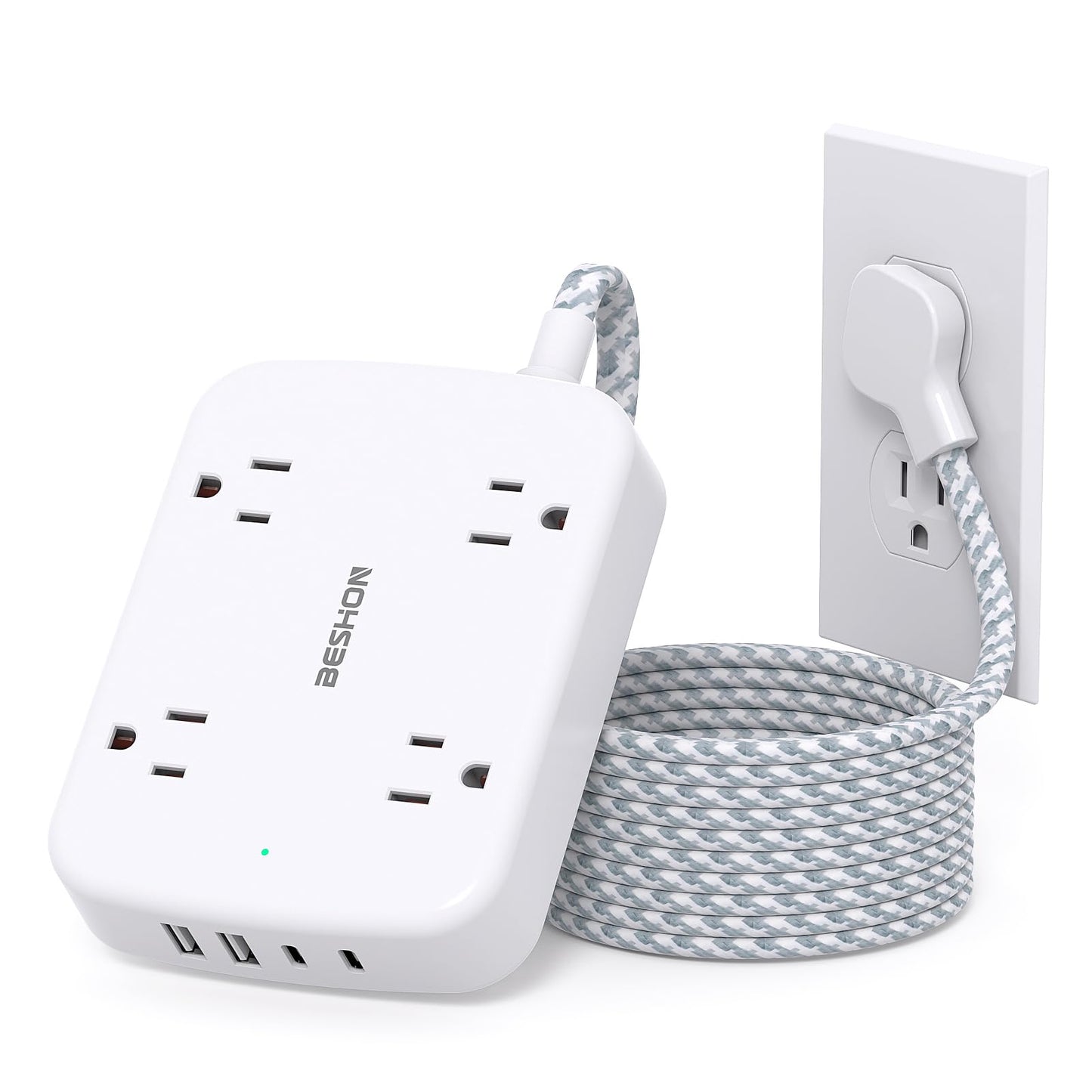 10FT Surge Protector Power Strip, BESHON Flat Extension Cord with 2 USB C, Flat Plug Power Strip, 4 Widely Outlets and 4 USB Charging Ports, 900 Joules, for Home Office Dorm Room Essentials,Black