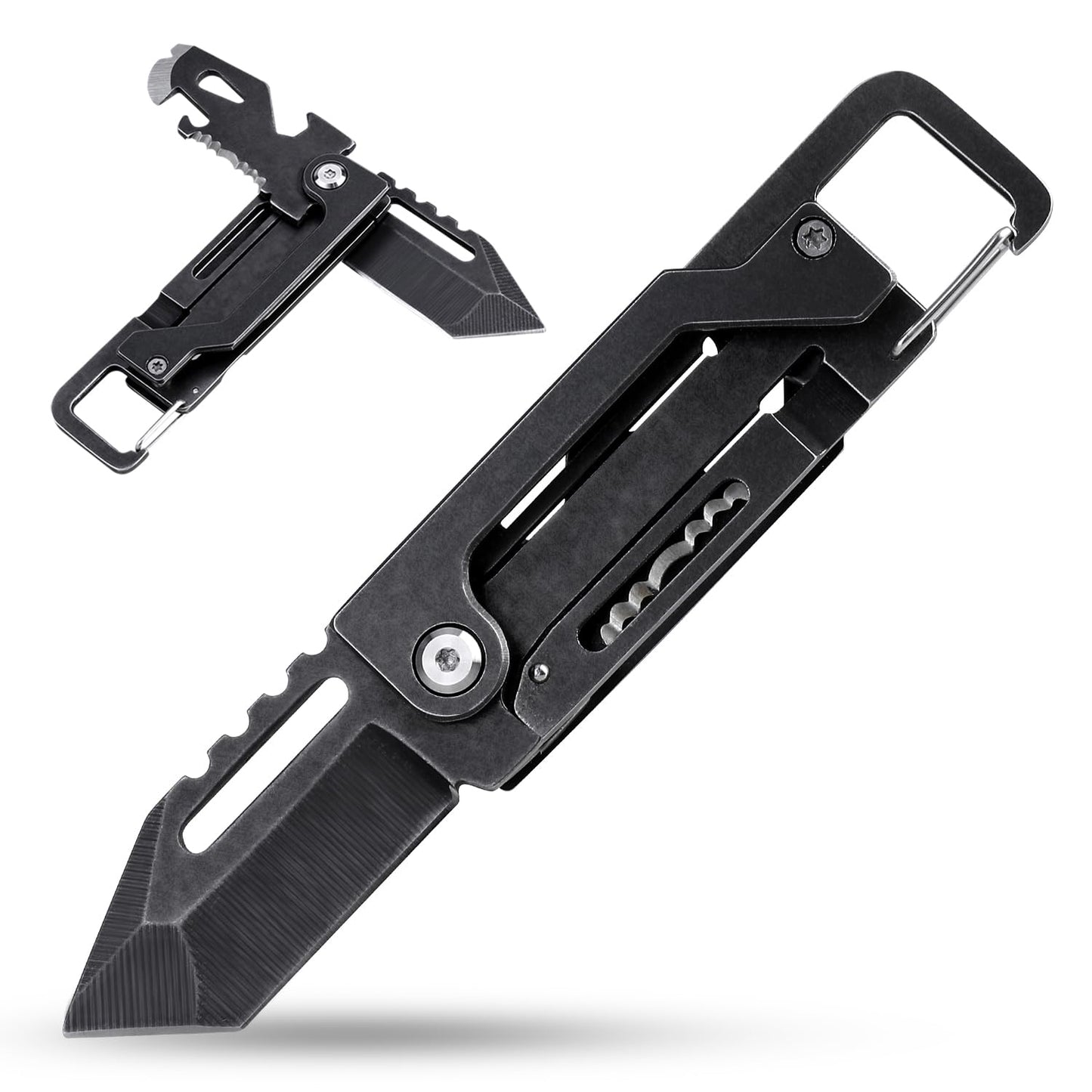 edcfans Keychain Knife, Carabiner Multitool, Tanto Pocket Knife with Key Clip, Box Cutter, Can/Bottle Opener, Screwdriver Wrench, Pry Tools, EDC Hiking Camping Gear, Gifts for Men Women Everyday Carry