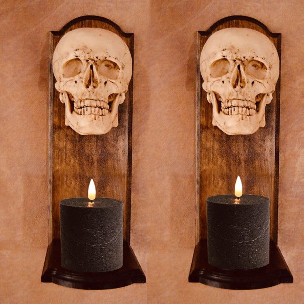 volnyus Black Flameless Candles Set of 2 (3x3 inch) Real Wax Flickering LED Candles Battery Operated with Remote Control Timers for Halloween Fireplace Livingroom Party Dimmable Pillars Flat top
