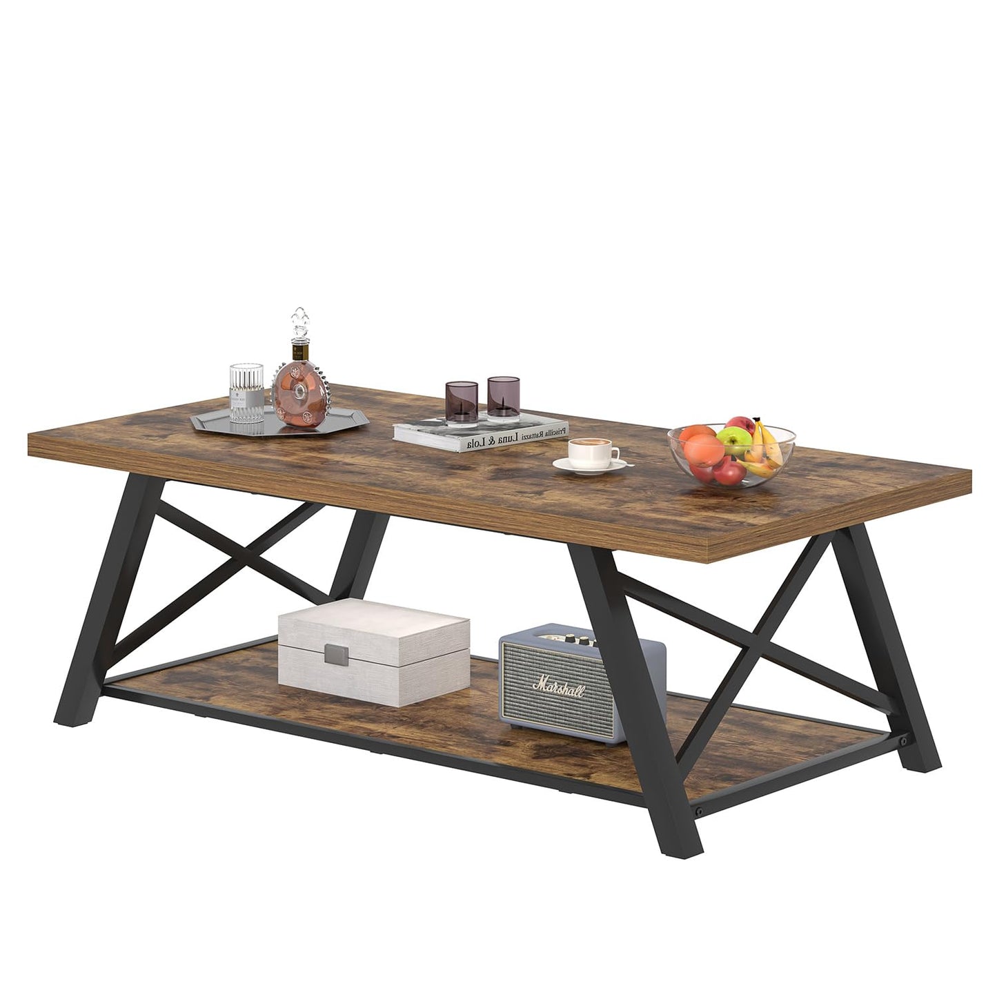 EXCEFUR Modern Coffee Table, Wood and Metal Living Room Center Table with Storage Shelf, Industrial Rectangle Cocktail Tea Table, Rustic Brown, 47 Inch