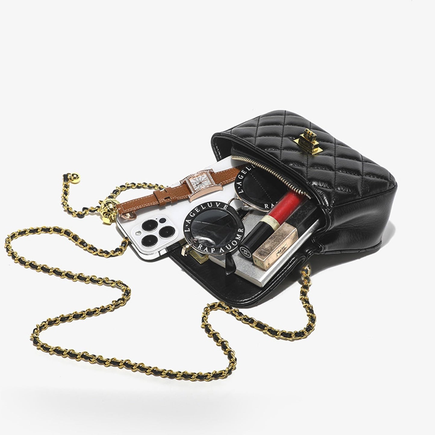 DOTBABY Diamond Chain Shoulder Crossbody Bag, Fashionable Women's Leather Tote Handbag, Adjustable Straps,Buckle Opening Bag (Black)