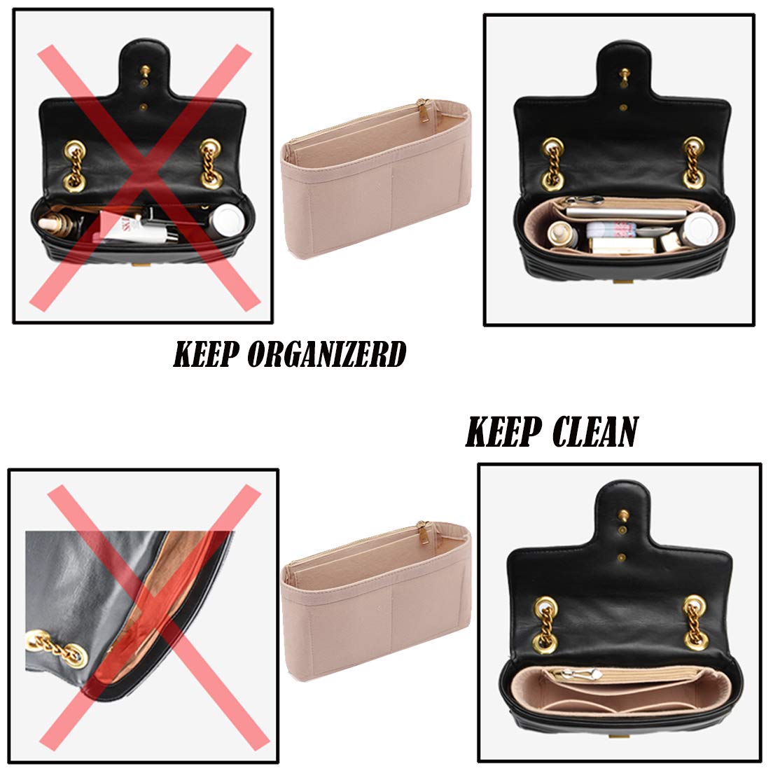 LEXSION Felt Insert Purse Organizer with Zipper,Small Handbag Tote Shaper Insert for GG Marmont Matelasse Shoulder Bag(Pack of 2)-Small 8030 Beige