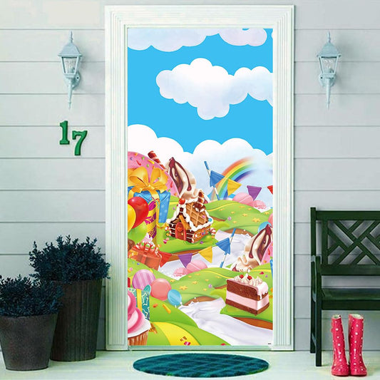 DOTOOMA 35.4 x 72.8 Inches Candyland Sweet Cartoon Rainbow Doughnut Color Flag Balloon Biscuit House Ice Cream Theme Yard Door Banner Sign Decorations Baby Shower Girls Birthday Party Polyester