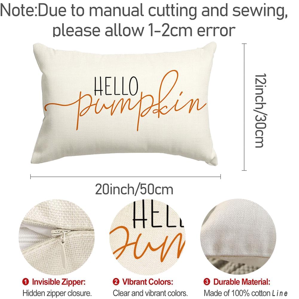 RABUSOFA Fall Pillow Covers 12x20 Inch,Autumn Hello Pumpkin Pillows Decorative Throw Pillows,Lumbar Outdoor Thanksgiving Cushion Cover Farmhosue Fall Decor for Bedroom Couch Sofa White