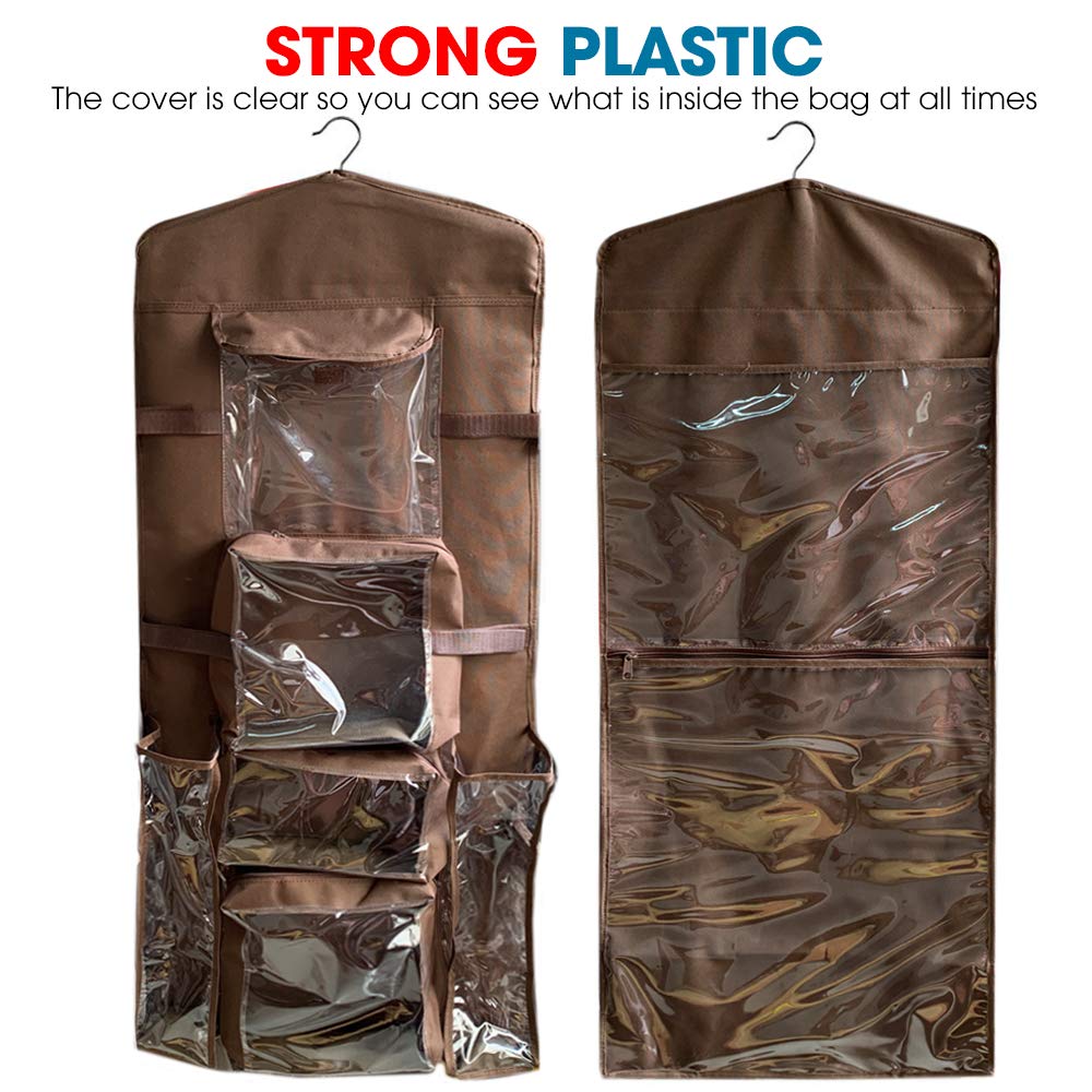 ProPik Hanging Double Sided Wrapping Paper Storage Organizer with Multiple Pockets, Organize your Gift Wrap, Gift Bags, Bows, Ribbons 40"X17" Fits 40 Inch Rolls Clear PVC Bag (Brown)