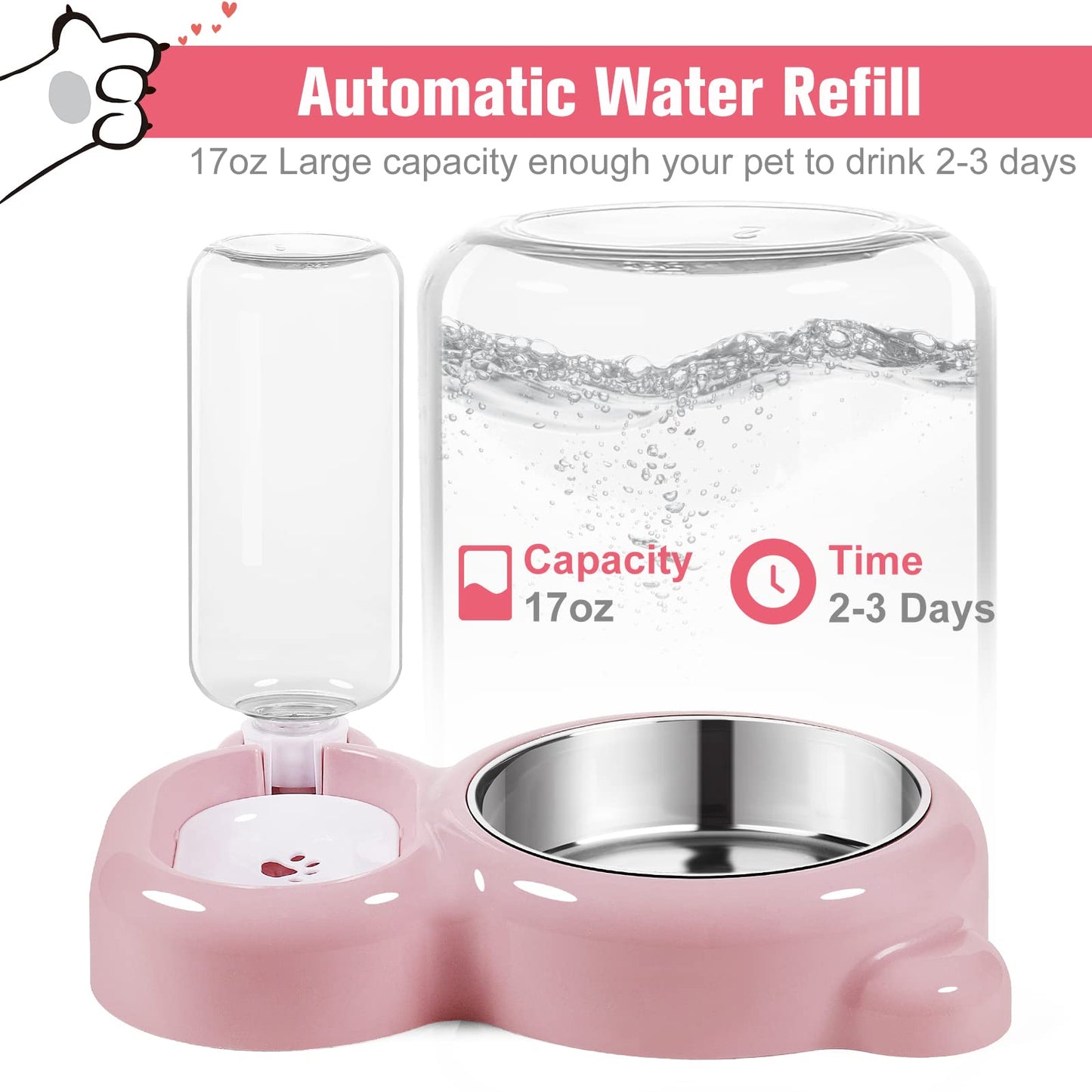 Dog Bowls, Cat Food and Water Bowl Set with Water Dispenser and Stainless Steel Bowl for Cats and Small Dogs - Pink